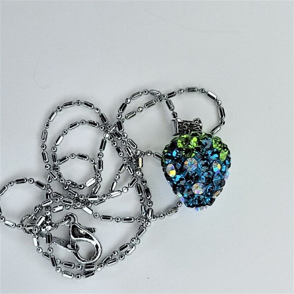 STRAWBERRY Shape Mini Aqua Blue and Lime Green Rhinestone Small Pendant Necklace - Picture 5 of 12